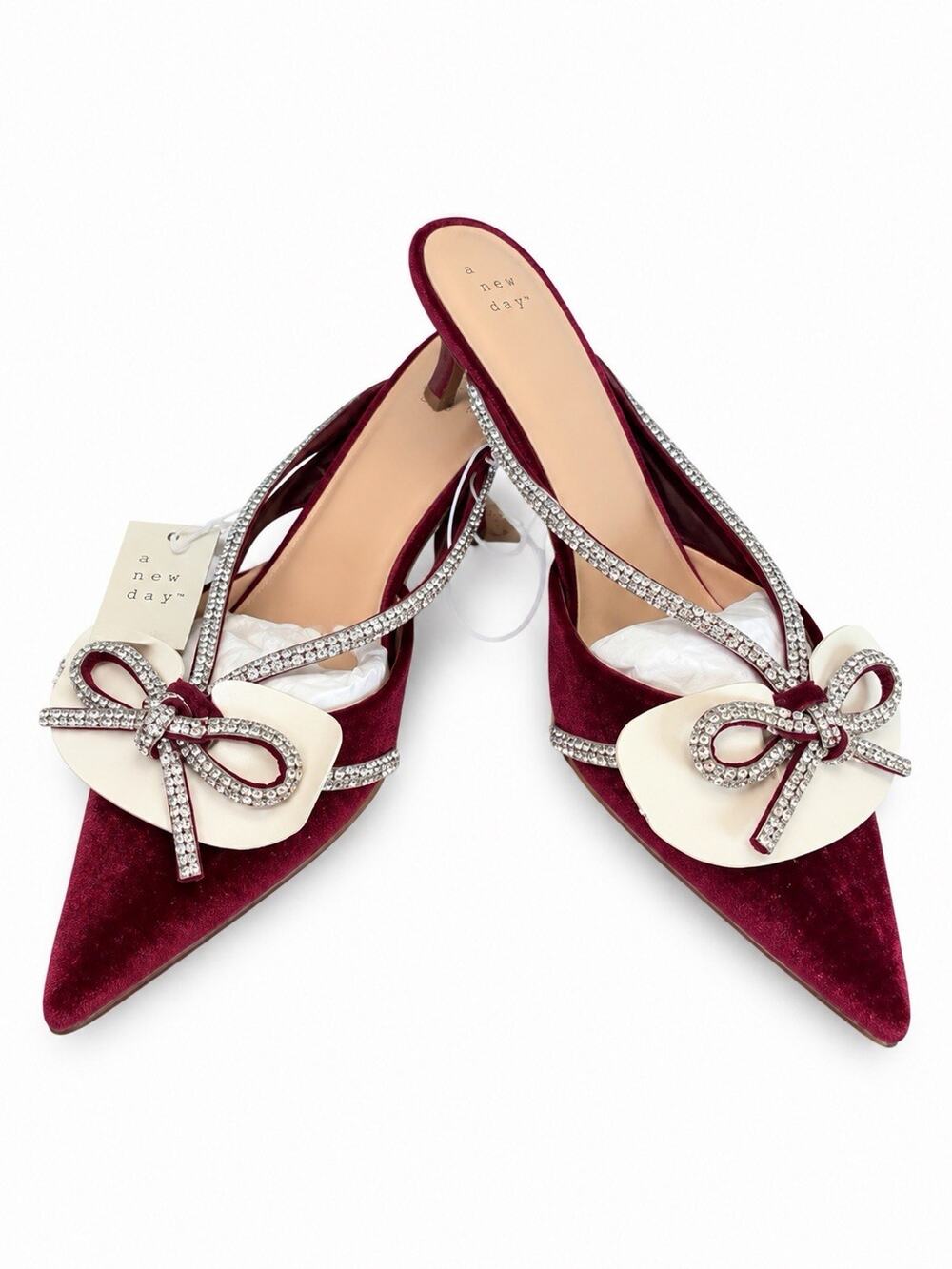 A New Day Gwen Heels Women’s Size 11 Burgundy Rhinestone Bow Pointed Toe
